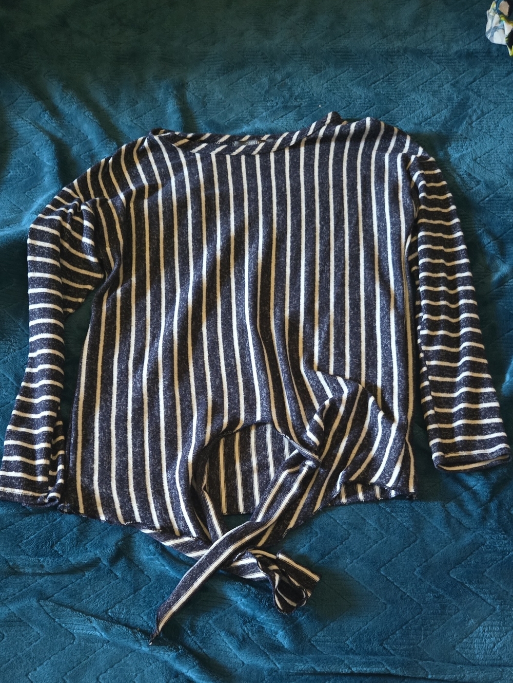 Striped Navy and White Tie-Front Crewneck Sweater